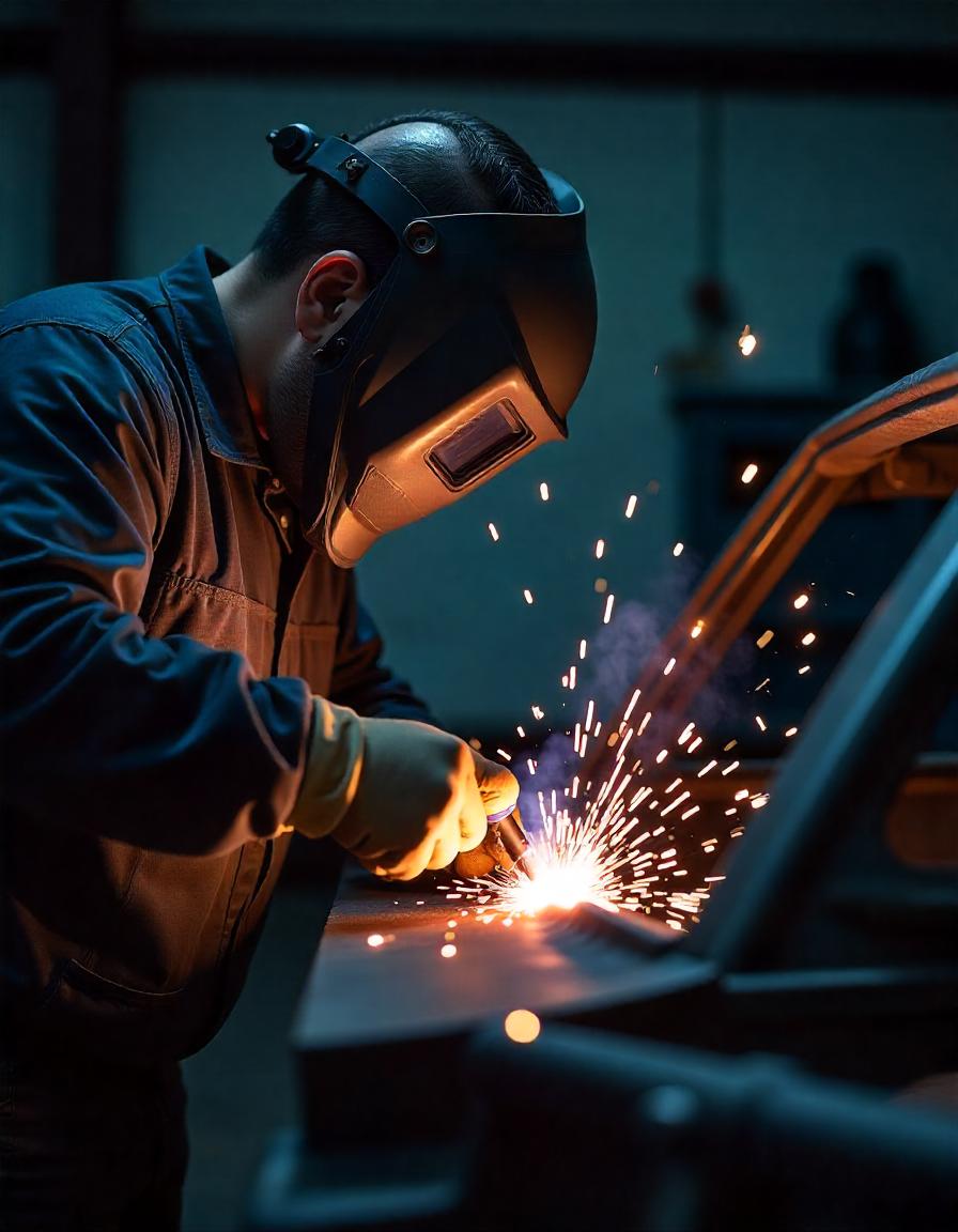 A person wearing a welding helmet works in a dimly lit workshop. Sparks fly as they skillfully weld metal pieces together, embodying precision engineering. The atmosphere is industrial, highlighting the intense focus of the individual on their task to ensure superior durability.