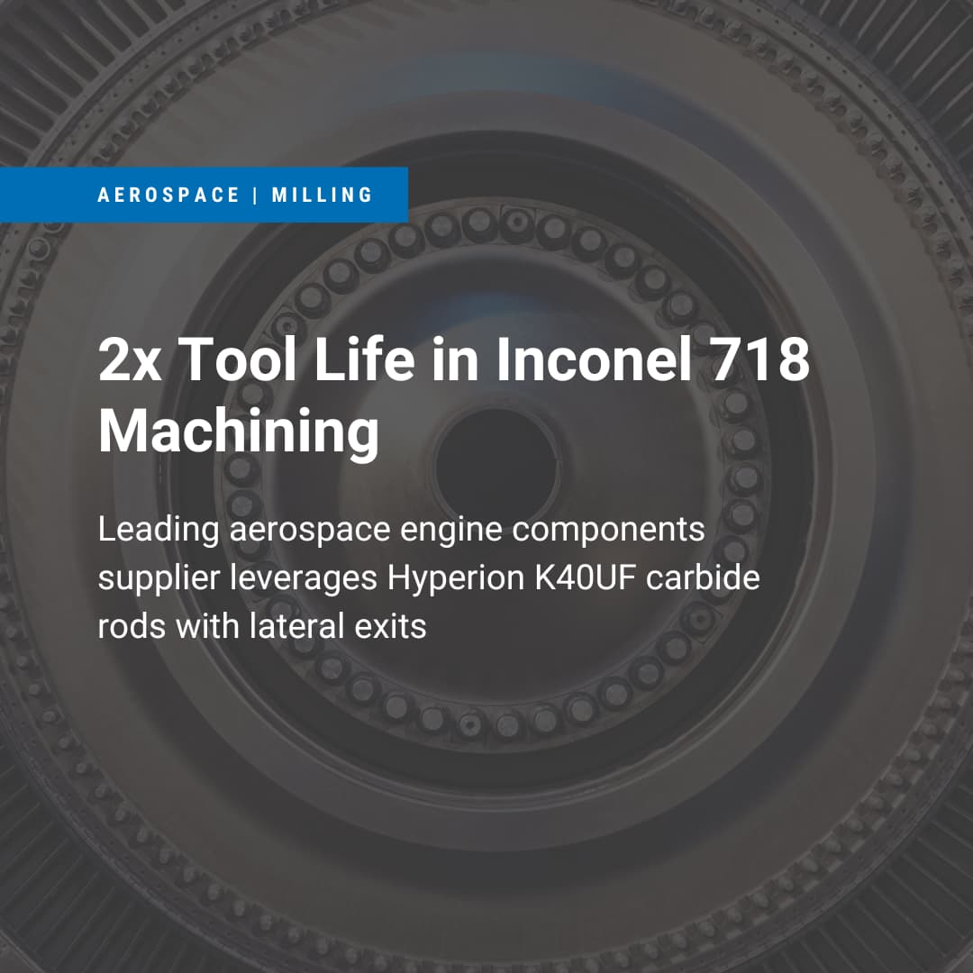 dvertisement for aerospace milling, highlighting improved tool life in Inconel 718 machining using Hyperion K40UF carbide rods with lateral exits.